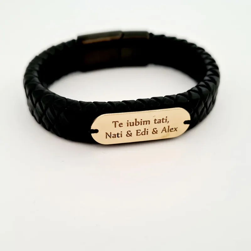 Bratara barbateasca cu piele lata neagra impletita - Placuta cu gravura personalizata - Argint 925 placat cu Aur Galben 18K  - Inchizatoare neagra inox picture - 5
