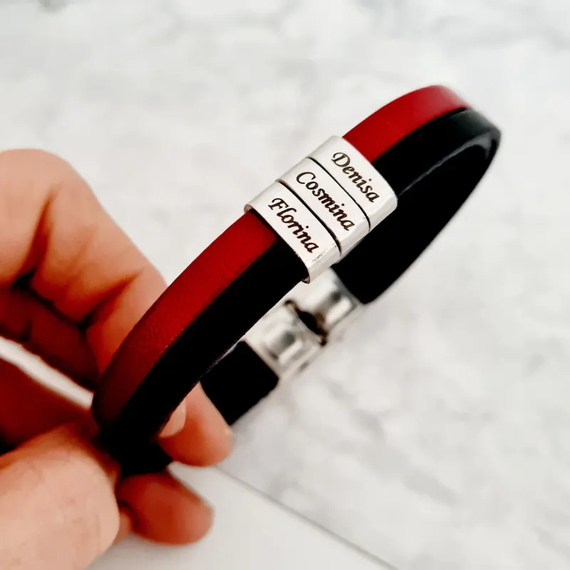 Bratara barbateasca Red Chilli - 3 Elemente inox arginti - Piele in 2 culori cu inchizatoare clips din inox picture - 2