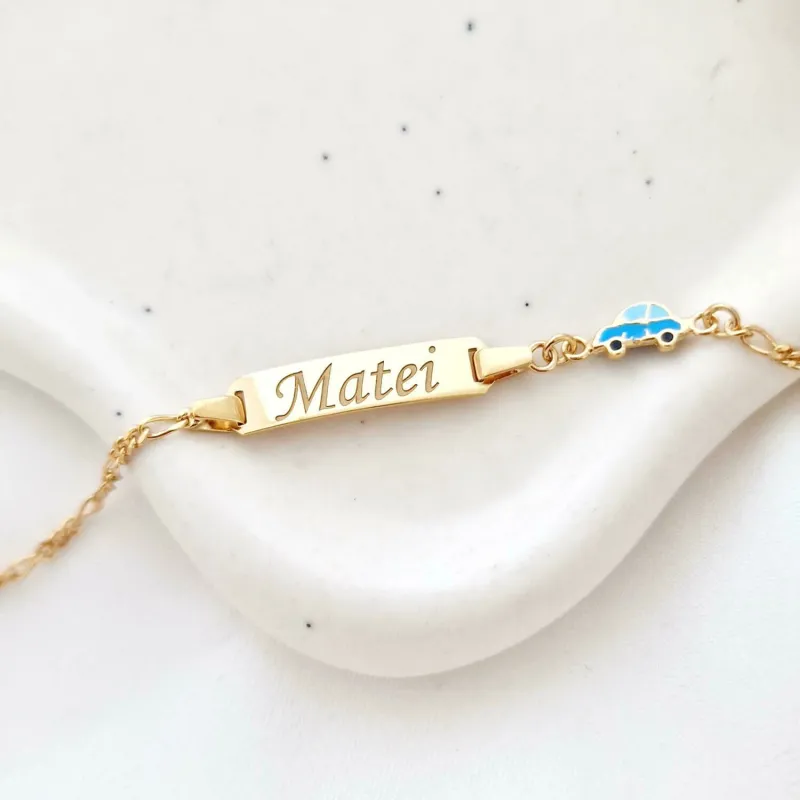 Bratara bebe - Placuta cu nume - Masinuta colorata si lantisor - Argint 925 placat cu Aur Galben 18K picture - 5