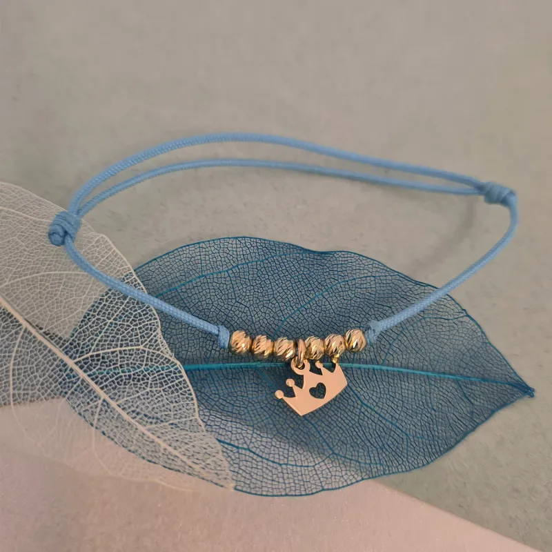 Bratara cu 6 bilute de 3 mm  si charm coronita cu inima decupata - Aur Galben 14K - Snur reglabil picture - 3
