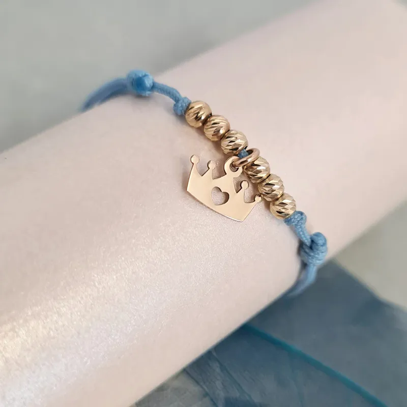Bratara cu 6 bilute de 3 mm  si charm coronita cu inima decupata - Aur Galben 14K - Snur reglabil picture - 2