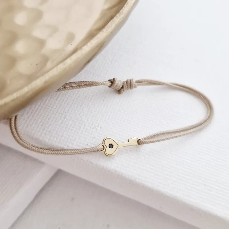 Bratara cu Diamant natural - Cheie - Aur Galben 14K si snur reglabil picture - 2