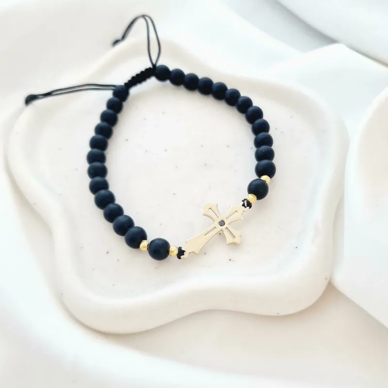 Bratara cu pietre Onix - Model Cruce cu Diamant Negru si Bilute - Argint 925 placat cu Aur galben 18K- Snur reglabil picture - 2
