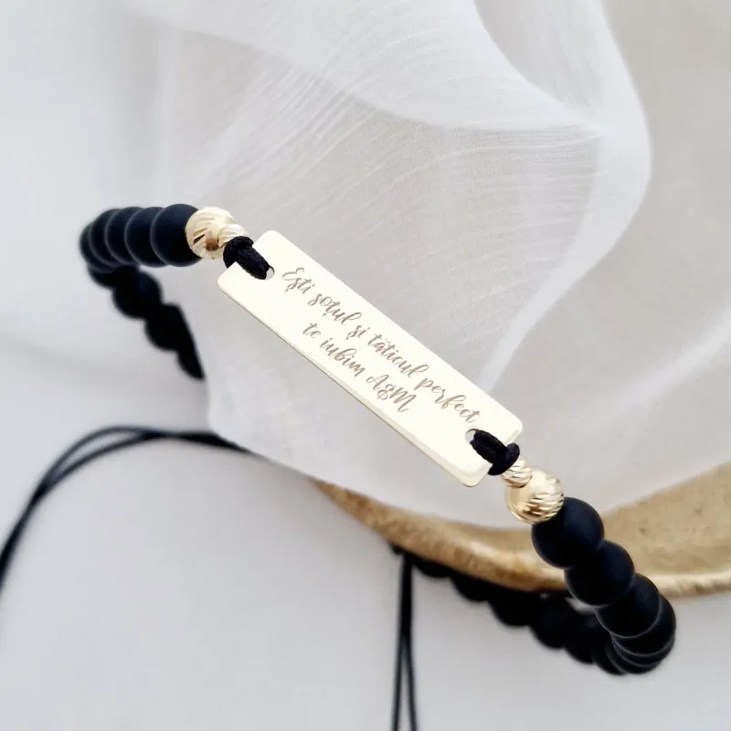 Bratara personalizata - Placuta gravata si 4 bilute din Aur Galben 14K - Pietre semipretioase - Inchizatoare snur reglabil picture - 2