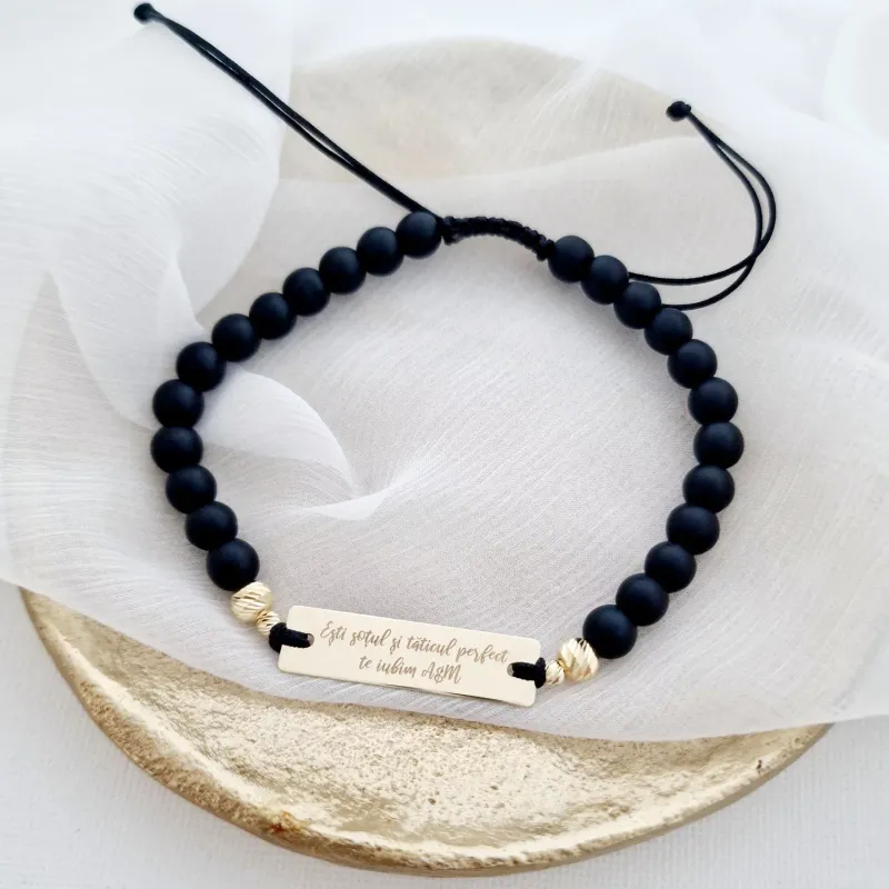 Bratara personalizata - Placuta gravata si 4 bilute din Aur Galben 14K - Pietre semipretioase - Inchizatoare snur reglabil picture - 3