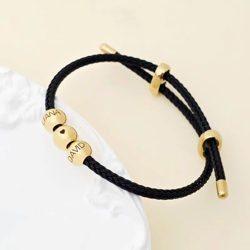 Bratara cu Snur gros impletit - 3 Bilute cu nume - Argint placat cu Aur Galben 18K picture - 3