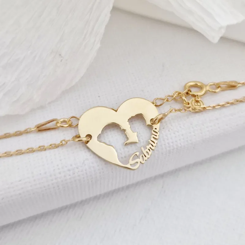 Bratara inima personalizata cu nume decupat -  Copil si mama - Argint 925 placat cu Aur Galben 18K - Lantisor cu inchizatoare tip carabina picture - 2