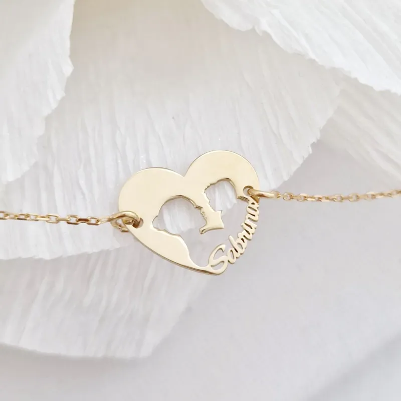 Bratara inima personalizata cu nume decupat -  Copil si mama - Argint 925 placat cu Aur Galben 18K - Lantisor cu inchizatoare tip carabina picture - 3