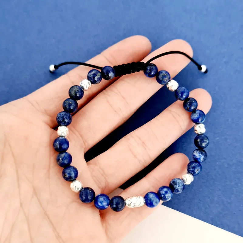 Bratara Intelepciune - Pietre Lapis Lazuli - Bilute din Argint 925 - Snur negru rezistent si reglabil picture - 2