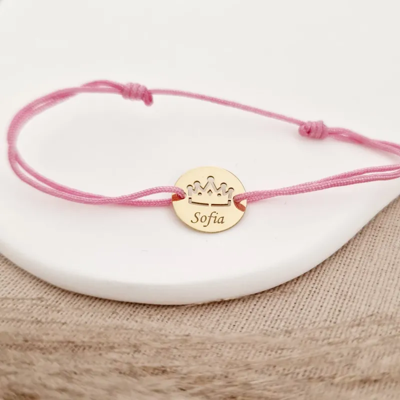 Bratara Mica printesa - Banut 12 mm personalizat cu nume - Argint placat cu Aur Galben 18K - Snur reglabil, diverse culori picture - 3