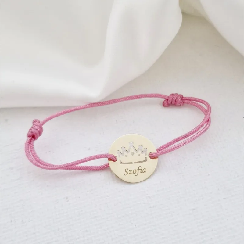 Bratara Mica printesa - Banut 12 mm personalizat cu nume - Aur Galben 14K - Snur reglabil, diverse culori picture - 3