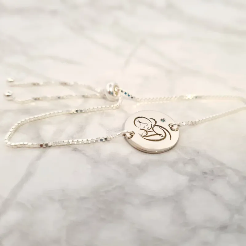 Bratara personalizata cu Diamant natural turcoaz- Mama si bebe - Lantisor glisant ajustabil - Argint 925 picture - 2
