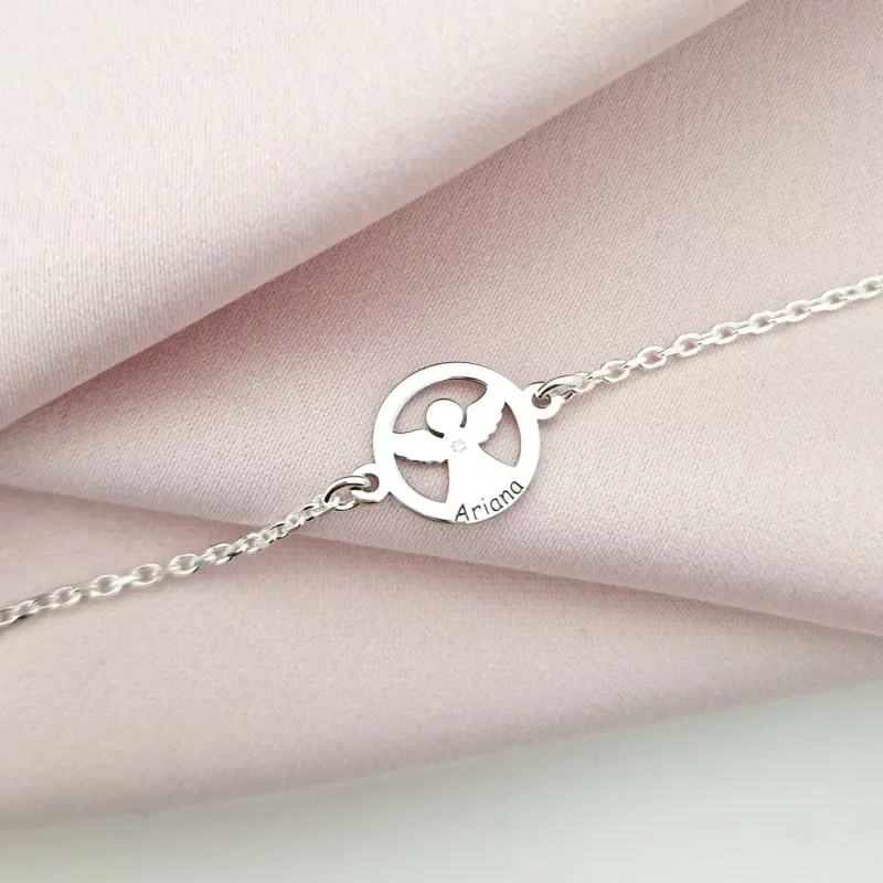 Brățară personalizată cu disc si înger decupat, nume personalizat și Diamant natural – Argint 925 Rodiat - Cu lantisor fata/baiat picture - 2