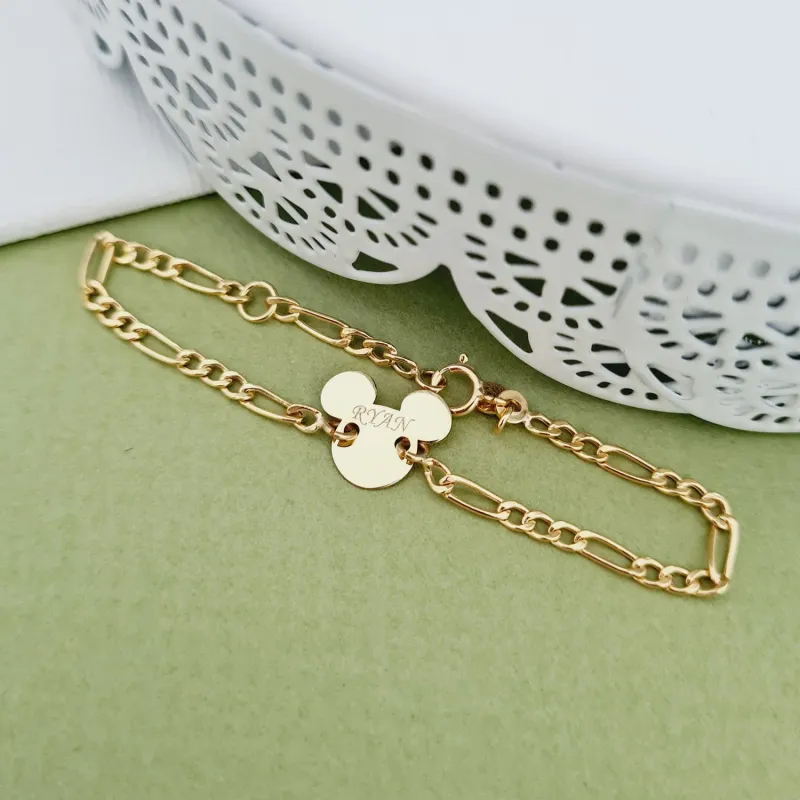 Bratara personalizata cu nume - Forma Soricel - Aur Galben 14K - Cu lantisor fata/baiat picture - 3