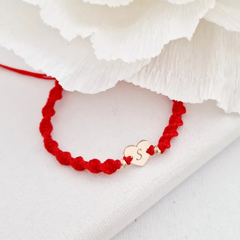 Bratara personalizata cu snur ADN - Inima cu 2 bilute de 3 mm - Aur Roz 14K picture - 3