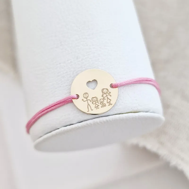 Bratara personalizata - Happy family - Banut 15 mm cu inima decupata - Aur Galben 14K - snur reglabil picture - 2