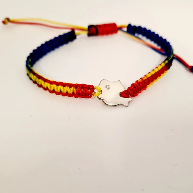 Bratara personalizata - Harta Romaniei cu Diamant natural - Argint 925 - Snur impletit tricolor picture - 6