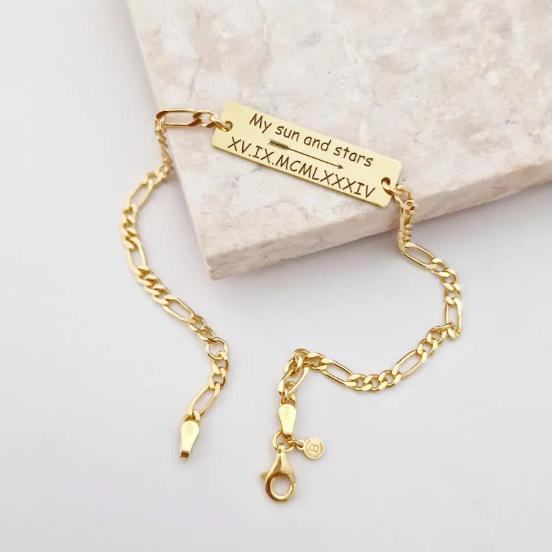 Bratara  personalizata - Placuta cu text personalizat ,, My sun and stars''  - Argint 925 placat cu Aur Glaben 18K - bratara barbati cu lant picture - 2