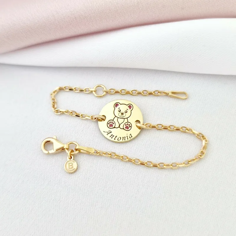 Bratara personalizata - Ursulet cu email roz - 12 mm - Argint 925 placat cu Aur Galben 18K - Cu lantisor fata/baiat picture - 2