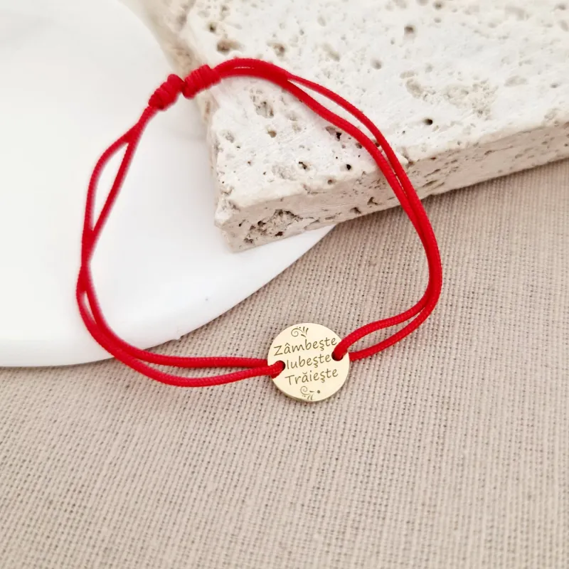 Bratara personalizata - Zambeste, iubeste, traieste - Banut de 10 mm - Argint 925 placat cu Aur Galben 18K- Snur reglabil picture - 2