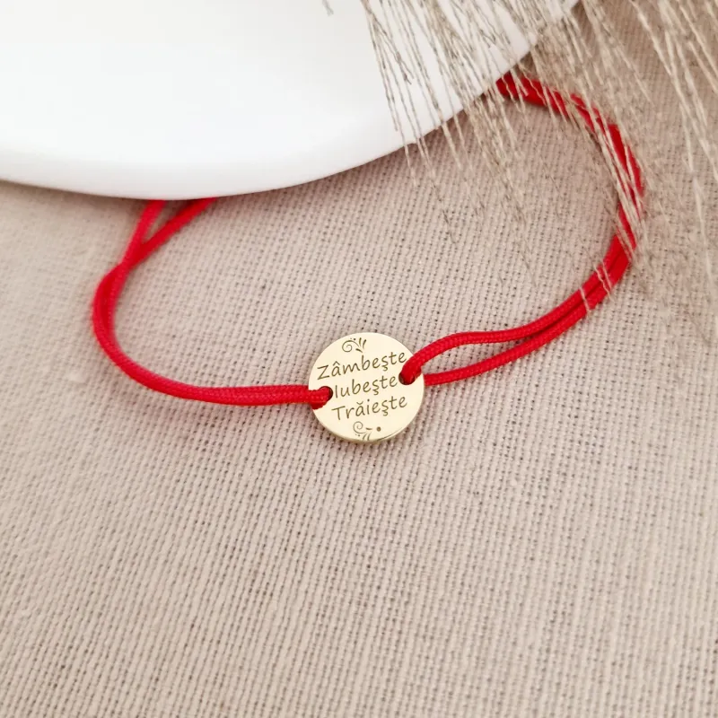 Bratara personalizata - Zambeste, iubeste, traieste - Banut de 10 mm - Argint 925 placat cu Aur Galben 18K- Snur reglabil picture - 3