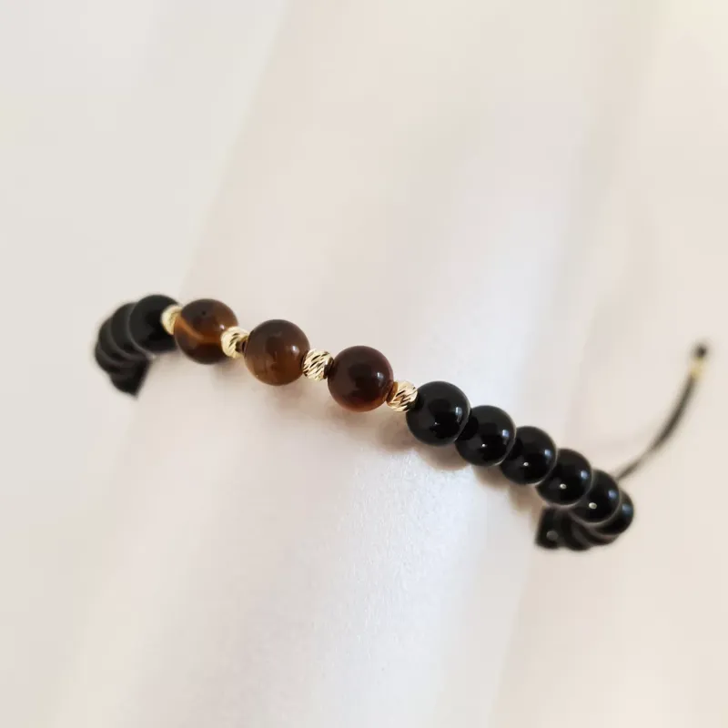 Bratara pietre semipretioase - 3 Ochi de Tigru si Onix alaturi de 6 bilute de 3 mm din Aur 14K - Snur negru rezistent si reglabil picture - 2