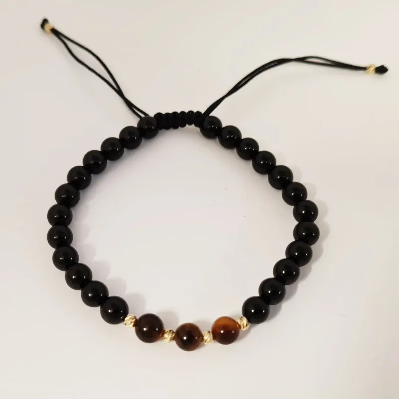 Bratara pietre semipretioase - 3 Ochi de Tigru si Onix alaturi de 6 bilute de 3 mm din Aur 14K - Snur negru rezistent si reglabil picture - 5