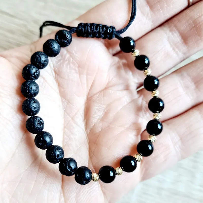 Bratara pietre semipretioase - Lava&Onix si 10 bilute de 3 mm din Aur 14K - Snur negru rezistent si reglabil picture - 2