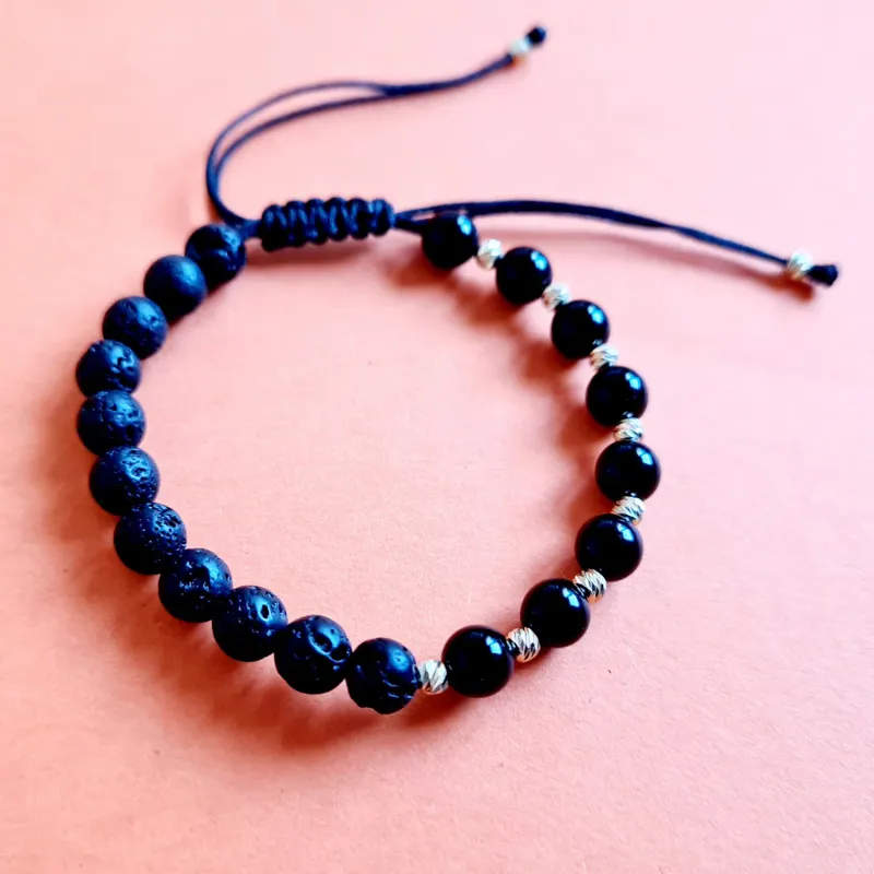 Bratara pietre semipretioase - Lava&Onix si 10 bilute de 3 mm din Aur 14K - Snur negru rezistent si reglabil picture - 3