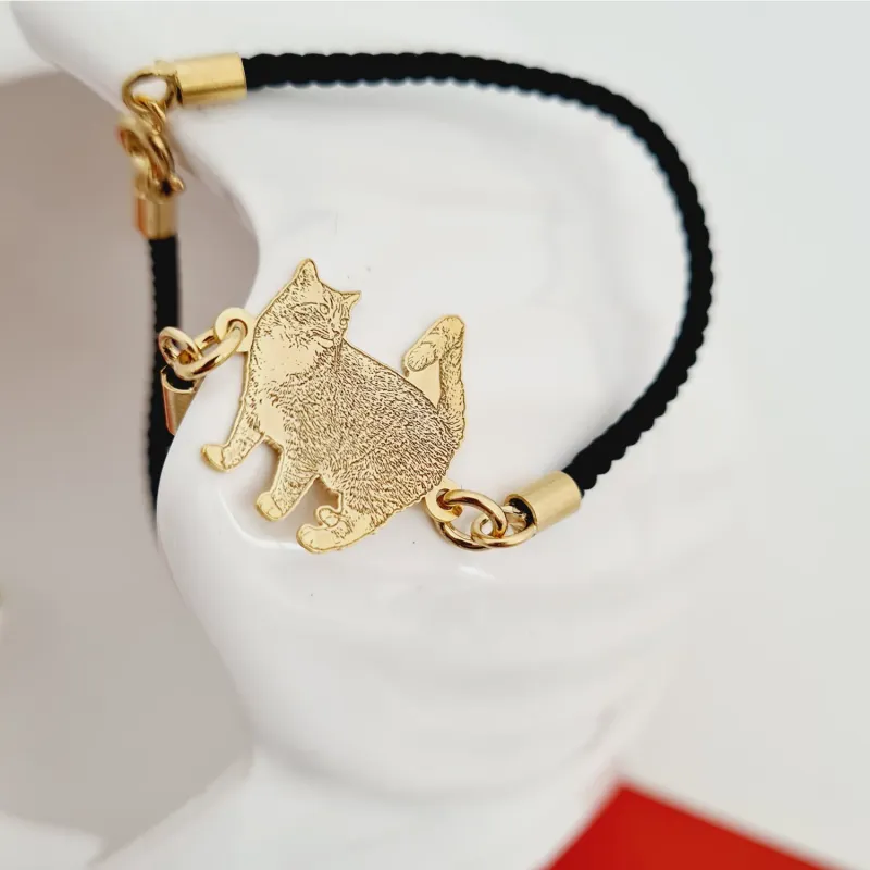 Bratara pisica iubita - Personalizare cu poza - Argint 925 placat cu Aur Galben 18K - Snur gros, model fix picture - 2