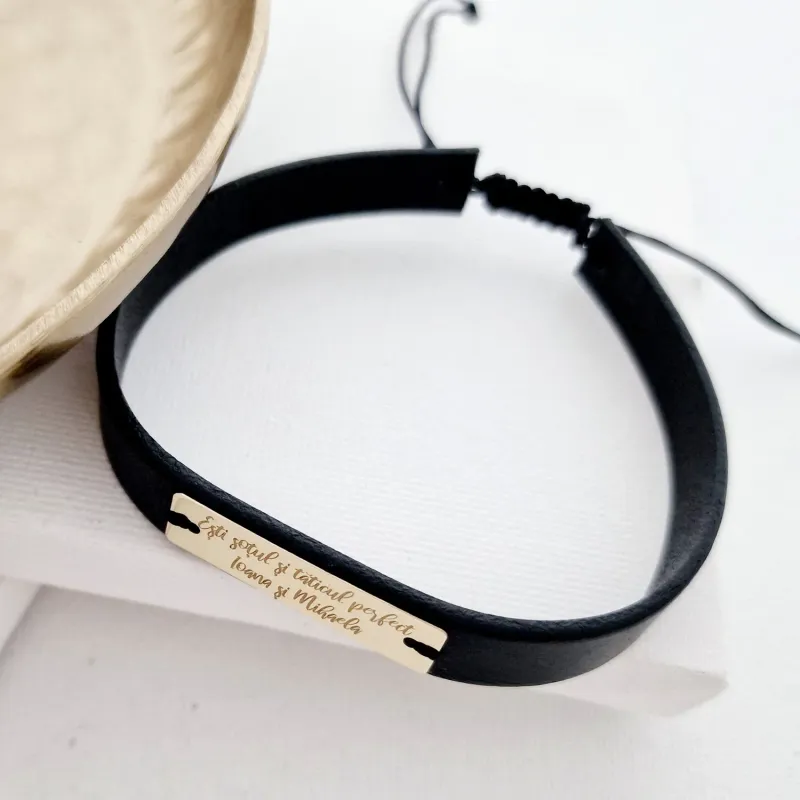 Bratara Placuta gravata Text - Aur Galben 14k - piele picture - 3