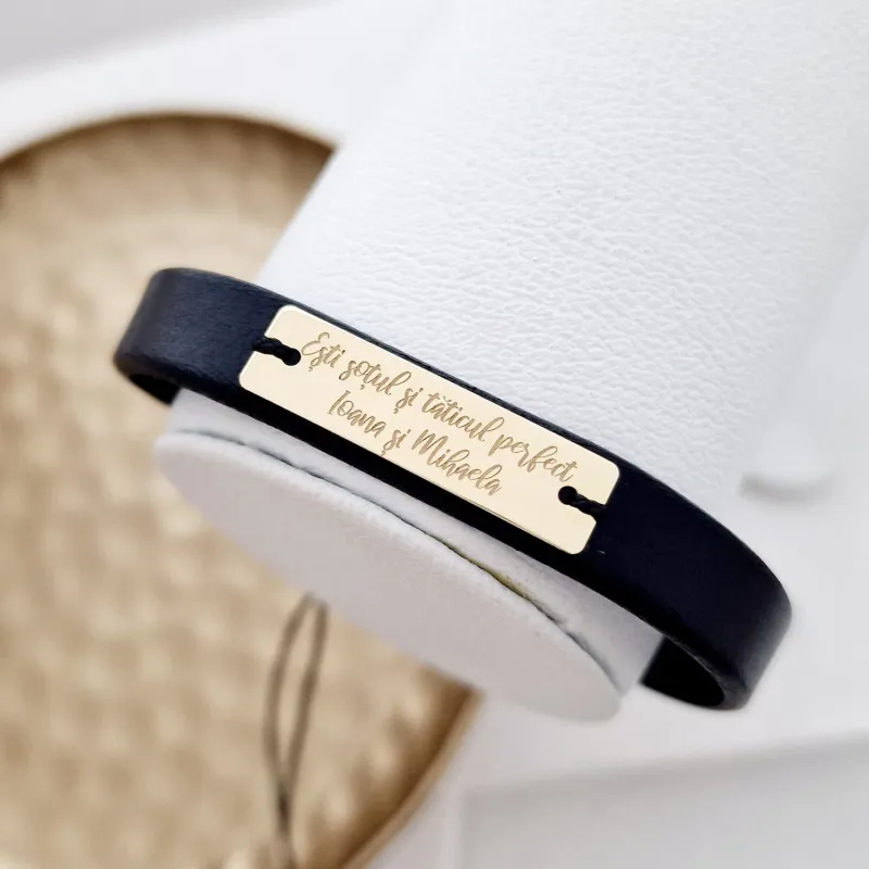 Bratara Placuta gravata Text - Aur Galben 14k - piele picture - 5