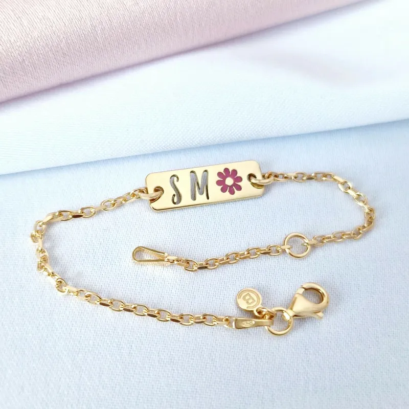 Bratara placuta simbol floare - initiale personalizate - Argint 925 placat cu Aur Galben 18K - Cu lantisor fata/baiat picture - 3