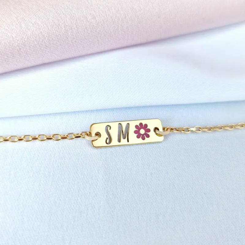 Bratara placuta simbol floare - initiale personalizate - Argint 925 placat cu Aur Galben 18K - Cu lantisor fata/baiat picture - 5