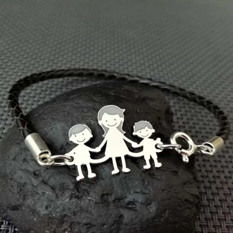 Bratara  Unisex cu membrii Familiei - 3 membri - Mama si copii - Argint 925, piele impletita picture - 6