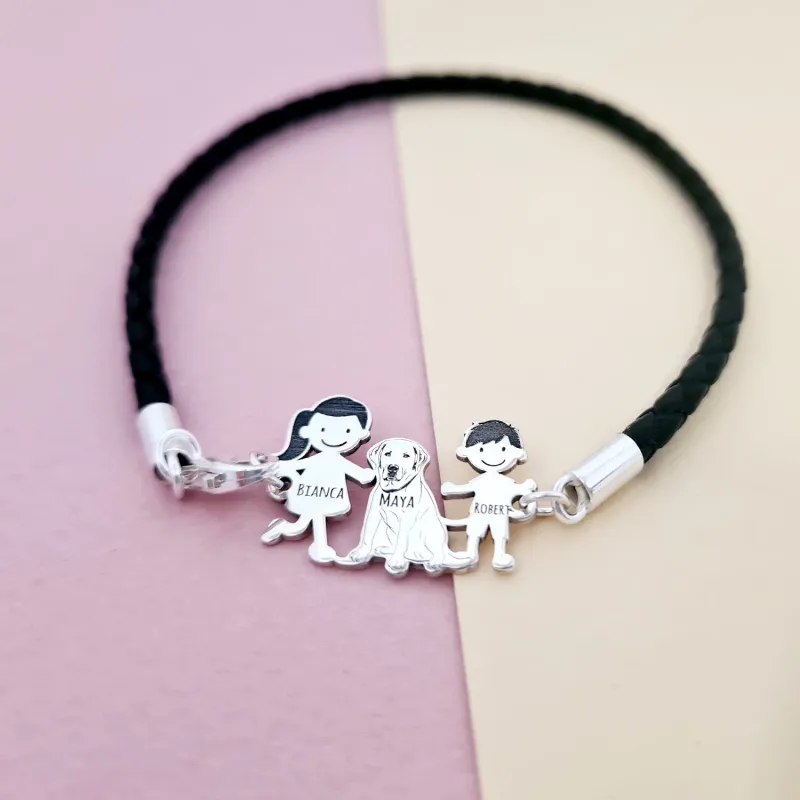 Bratara  Unisex cu membrii Familiei - 3 membri - Mama si copii - Argint 925, piele impletita picture - 3