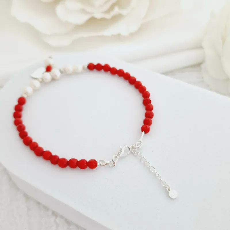 Bratara Vitalitate - Iubire margaritara - Perle, bilute 2.5 mm si charm inima din Argint 925 - Pietre semipretioase Coral - Inchizatoare carabina cu prelungire picture - 5