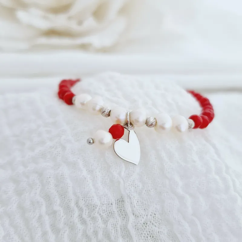 Bratara Vitalitate - Iubire margaritara - Perle, bilute 2.5 mm si charm inima din Argint 925 - Pietre semipretioase Coral - Inchizatoare carabina cu prelungire picture - 3