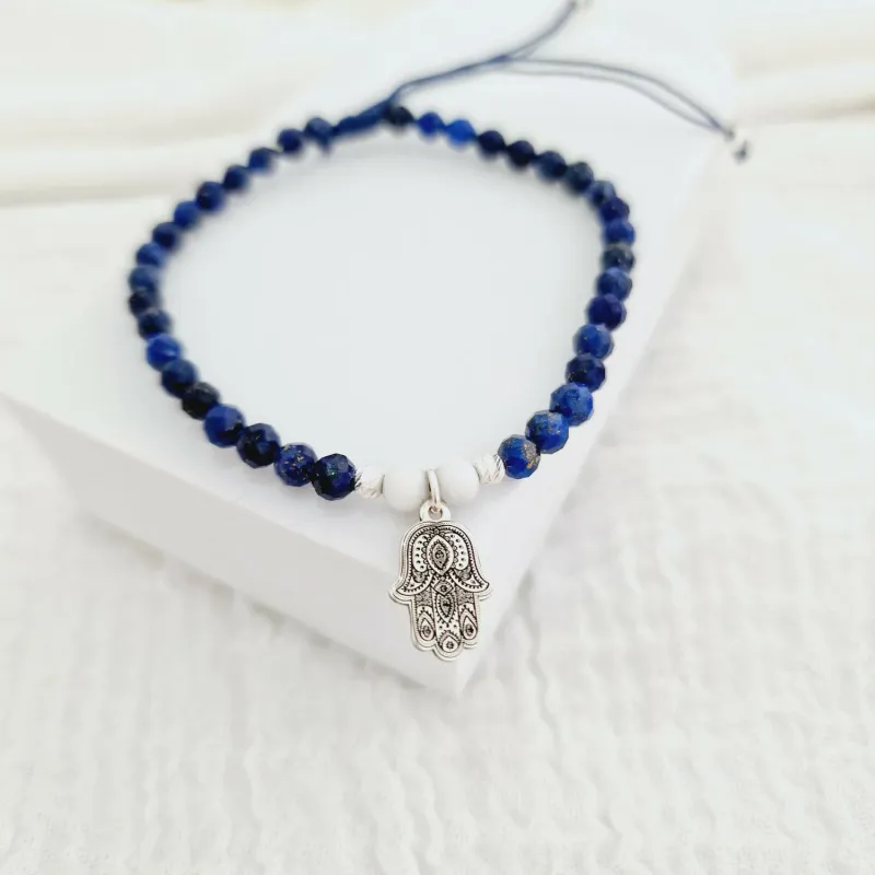 Bratara Vitalitate - Mana lui Fatima - Charm si bilute 2.5 mm din Argint 925 - Pietre semipretioase Lapis Lazuli & Howlit - Snur albastru picture - 2