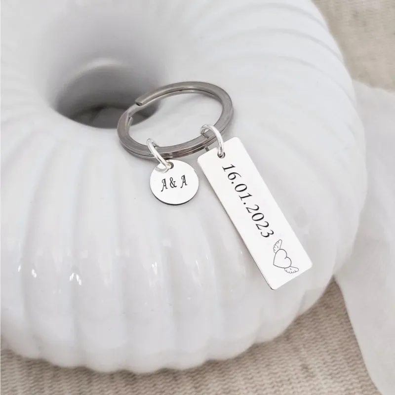 Breloc personalizat - Placuta si banut  - Argint 925 - inel otel inoxidabil picture - 2