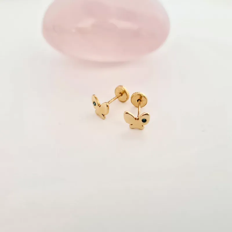 Cercei bebe/fetite cu Diamant naturat albastru - Model fluturasi - Aur Galben 14K - Inchizatoare sigura si confortabila cu filet picture - 5