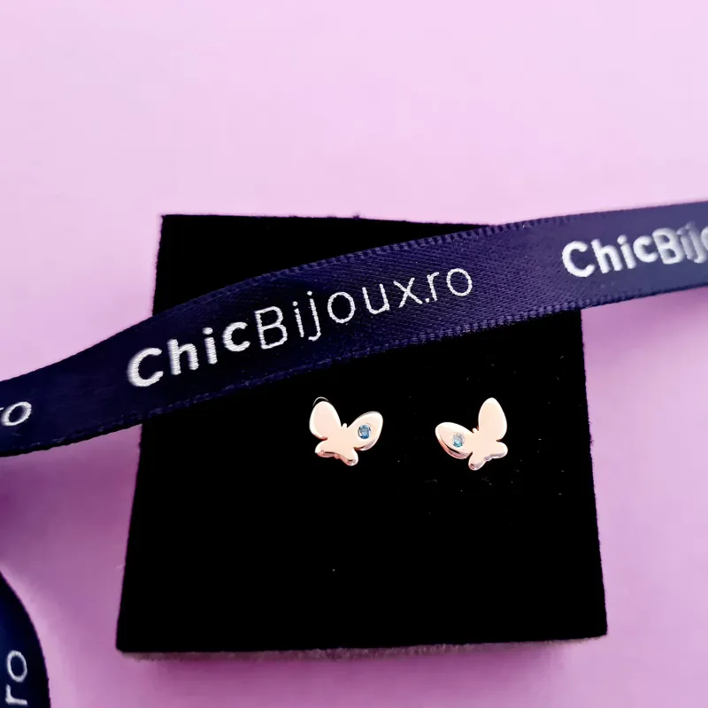 Cercei bebe/fetite cu Diamant naturat albastru - Model fluturasi - Aur Galben 14K - Inchizatoare sigura si confortabila cu filet picture - 2