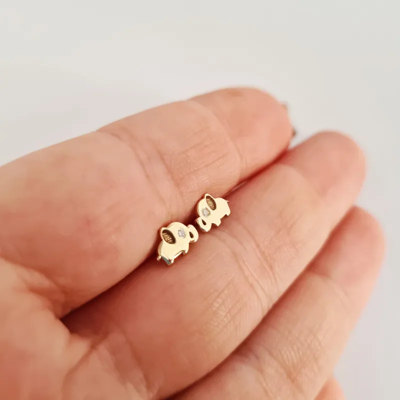 Cercei bebe/fetite cu Diamant naturat - Model elefantei - Aur Galben 14K - Inchizatoare sigura si confortabila cu filet picture - 2