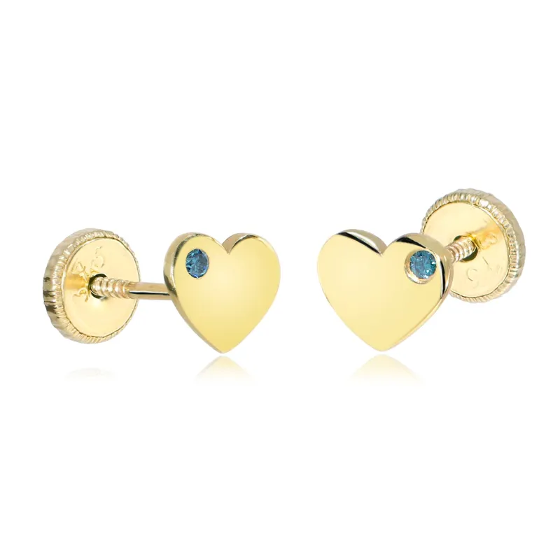 Cercei copii/bebe cu Diamant natural albastru - Model inima - Aur Galben 9K - Inchizatoare sigura si confortabila cu filet picture - 2