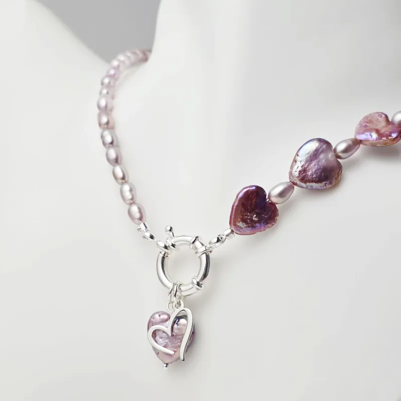 Colier cu Perle - Inimi purpurii - Model combinatie de perle rice mov cu perle purple heart - Argint 925 picture - 6