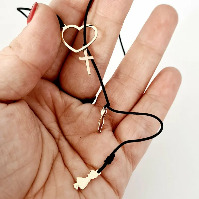 Colier lariat Y - 4 pandantive -  Inima si 3 piese la alegere - Aur Galben 14K - snur negru picture - 5