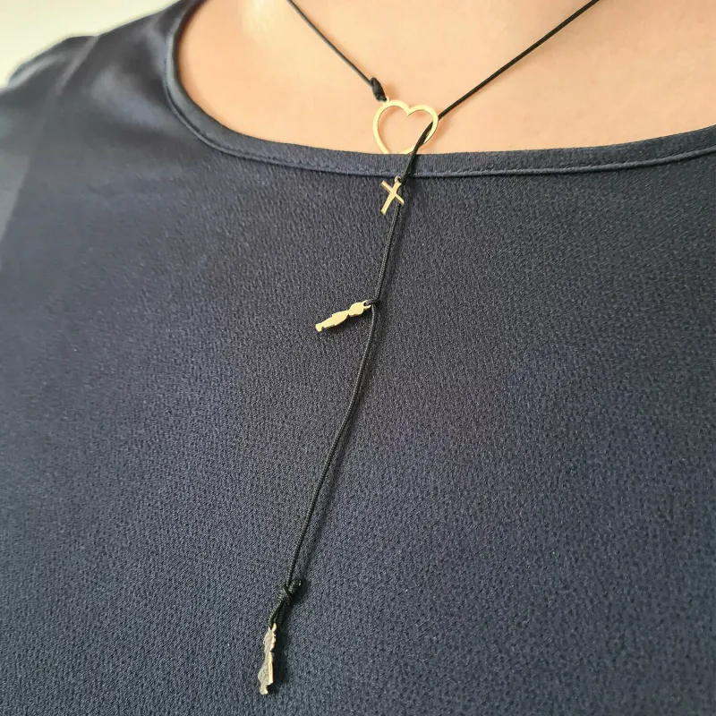 Colier lariat Y - 4 pandantive -  Inima si 3 piese la alegere - Aur Galben 14K - snur negru picture - 6