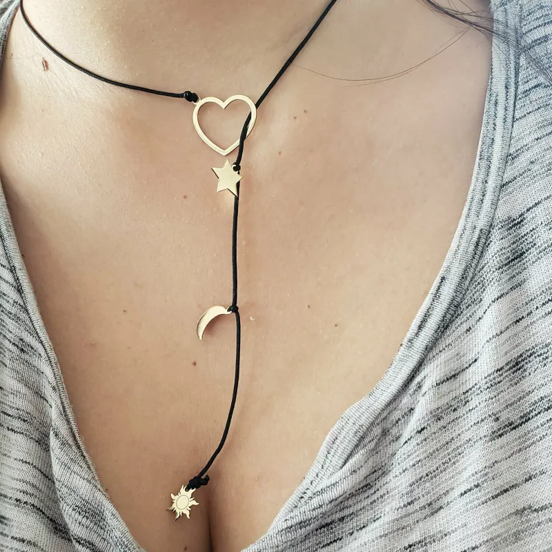 Colier lariat Y - 4 pandantive -  Inima si 3 piese la alegere - Aur Galben 14K - snur negru picture - 2
