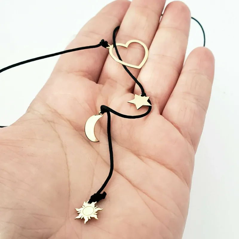 Colier lariat Y - 4 pandantive -  Inima si 3 piese la alegere - Aur Galben 14K - snur negru picture - 9