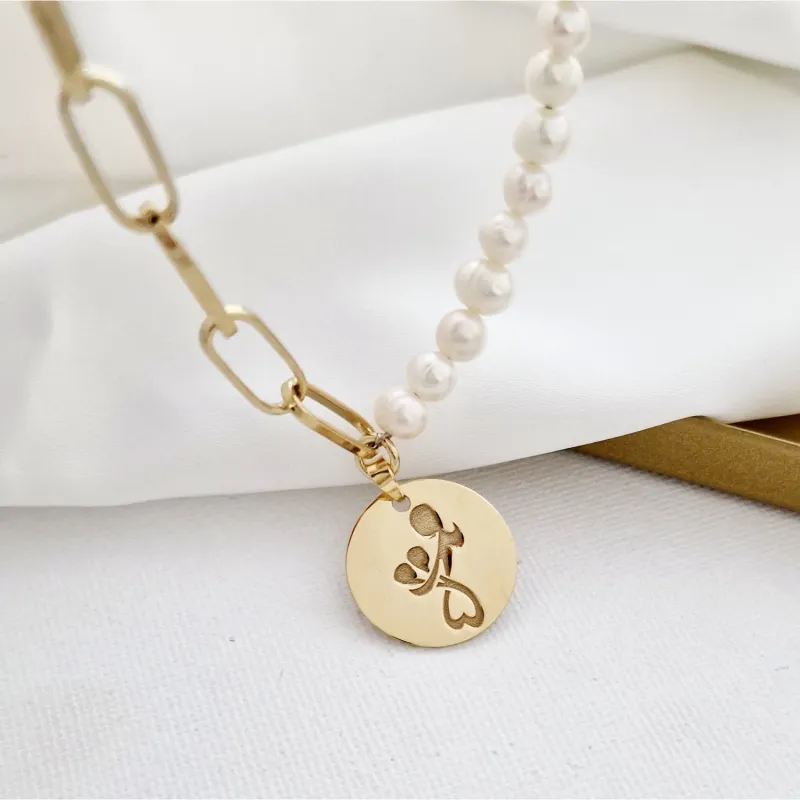 Colier personalizat - Perlele mele - Pandantiv banut de 18 mm - Combinație lant cu zale dreptunghiulare si perle - Argint 925 placat cu Aur Galben 18K picture - 3